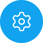 A blue circle with an image of a gear